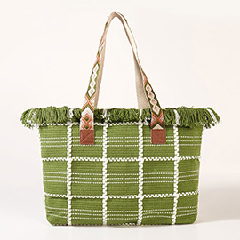 Top Fringe Pointed Check Patterned Tote Bag