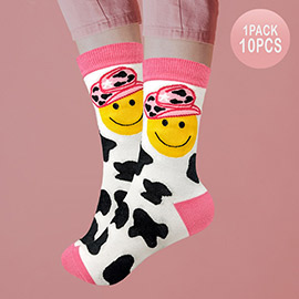 10Pairs - Animal Patterned Hat Smile Cow Socks