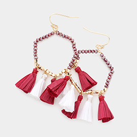 Game Day Beaded Open Hexagon Raffia Tassel Link Dangle Earrings