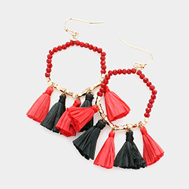 Game Day Beaded Open Hexagon Raffia Tassel Link Dangle Earrings