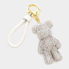 Bling Bear Figure Faux Leather Strap Keychain