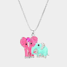 Oval Stone Accented Enamel Elephant Pendant Necklace