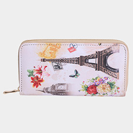 Eiffel Tower Big Ben Flower Print Wallet