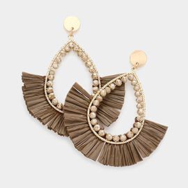 Open Teardrop Raffia Fringe Dangle Earrings