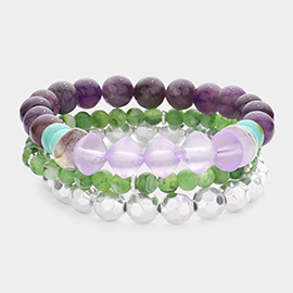 3PCS - Semi Precious Stone Metal Ball Stretch Bracelets