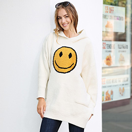 Smile Accented Side Pocket Hoodie Wearable Blanket Poncho