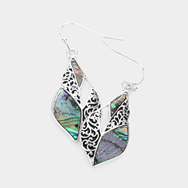 Abalone Pointed Embossed Metal Leaf Dangle Earrings