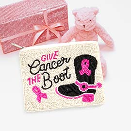 Give Cancer The Boot Message Seed Beaded Pink Ribbon Mini Pouch Bag