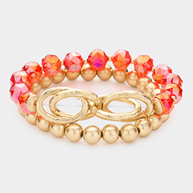 2PCS - Open Metal Oval Link Metal Ball Faceted Beaded Stretch Bracelets