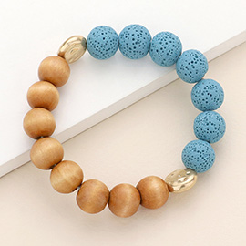 Wood Ball Lava Rock Basalt Beaded Stretch Bracelet