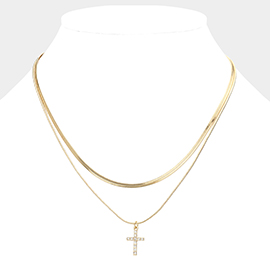 Rhinestone Embellished Cross Pendant Double Layered Necklace