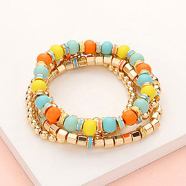 4PCS - Wood Ball Metal Beaded Stretch Bracelets