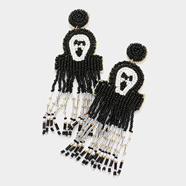 Felt Back Seed Beaded Scream Ghost Fringe Dangle Earrings