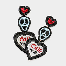 Felt Back Seed Beaded Heart Skull Call Me Message Link Dangle Earrings