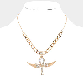 Rhinestone Embellished Metal Angel Wing Key Pendant Chain Necklace