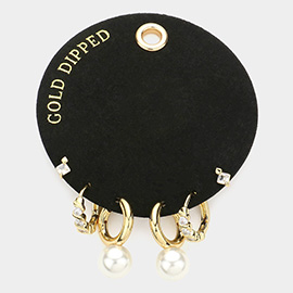 Secret Box _ Gold Dipped Stone Pearl Embellished Metal Hoop 3Pairs Earrings