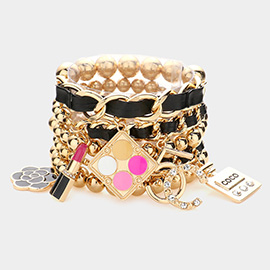 5PCS - Flower Lipstick Perfume Charm Metal Ball Stretch Bracelets