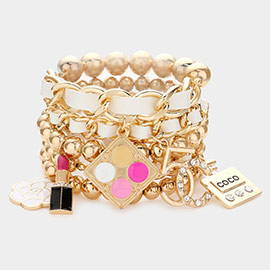 5PCS - Flower Lipstick Perfume Charm Metal Ball Stretch Bracelets