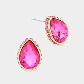 Rhinestone Trimmed Teardrop Stone Evening Stud Earrings