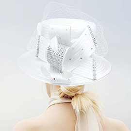 Feather Crystal Detail Bow Mesh Metallic Satin Dressy Hat