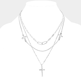 Cross Pendant Triple Layered Necklace