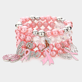 4PCS - Pink Ribbon Pointed Glove Afro Girl Angel Wing Hope Message Afro Girl Charm Pearl Stretch Bracelets