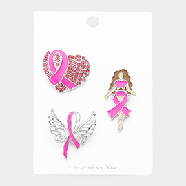 3PCS - Pink Ribbon Pointed Heart Angel Wings Afro Girl Pin Brooches