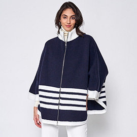 Sporty Bordered Zip Up Knit Cape Poncho