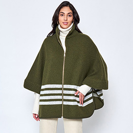 Sporty Bordered Zip Up Knit Cape Poncho