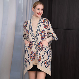 Boho Patterned Front Pockets Poncho