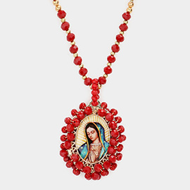 Virgin Mary Cross Printed Faceted Bead Cluster Pendant Long Necklace