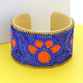 Game Day Sequin Seed Beaded Paw Accented Cuff Bracelet