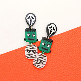 Glittered Scream Ghost Frankenstein Mummy Link Dangle Earrings