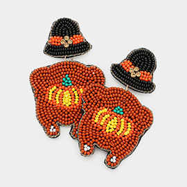 Felt Back Seed Beaded Pumpkin Pointed Turkey Dangle Earrings