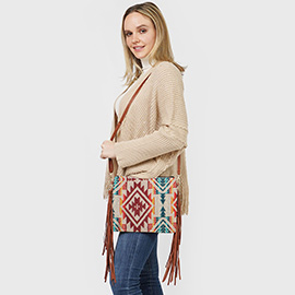 Aztec Patterned Tassel Wristlet Clutch / Crossbody Bag