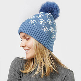 Snowflake Patterned Faux Fur Lining Knit Pom Pom Beanie Hat