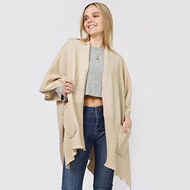 Solid Knit Front Pockets Vest Poncho