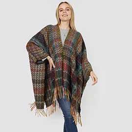 Zigzag Chevron Patterned Tassel Poncho