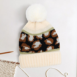 Leopard Patterned Pom Pom Beanie Hat