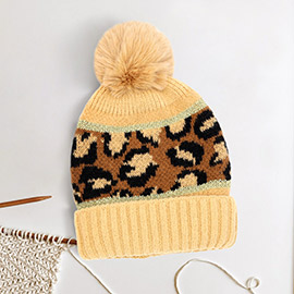 Leopard Patterned Pom Pom Beanie Hat