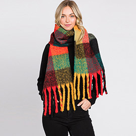 Multi Colored Plaid Check Patterned Fringe Oblong Scarf