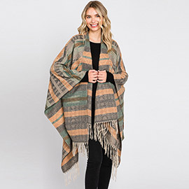 Aztec Patterned Fringe Ruana Poncho