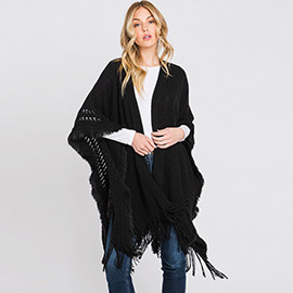 Fringe Cut Out Knit Ruana Poncho