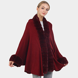 Faux Fur Trimmed Solid Long Shawl Poncho Cape