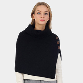 Button Pointed Slit Turtleneck Knit Shawl Scarf