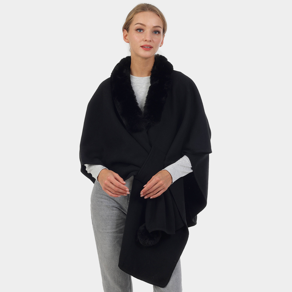 Faux Fur Collar Pom Pom Poncho