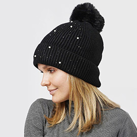 Pearl Embellished Lining Knit Pom Pom Beanie Hat