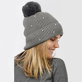 Pearl Embellished Lining Knit Pom Pom Beanie Hat