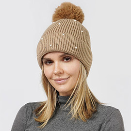 Pearl Embellished Lining Knit Pom Pom Beanie Hat