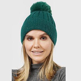 Lurex Ribbed Knit Pom Pom Beanie Hat